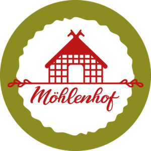 Logo for Möhlenhof red house drawing on white badge with red script Möhlenhof olive circle background