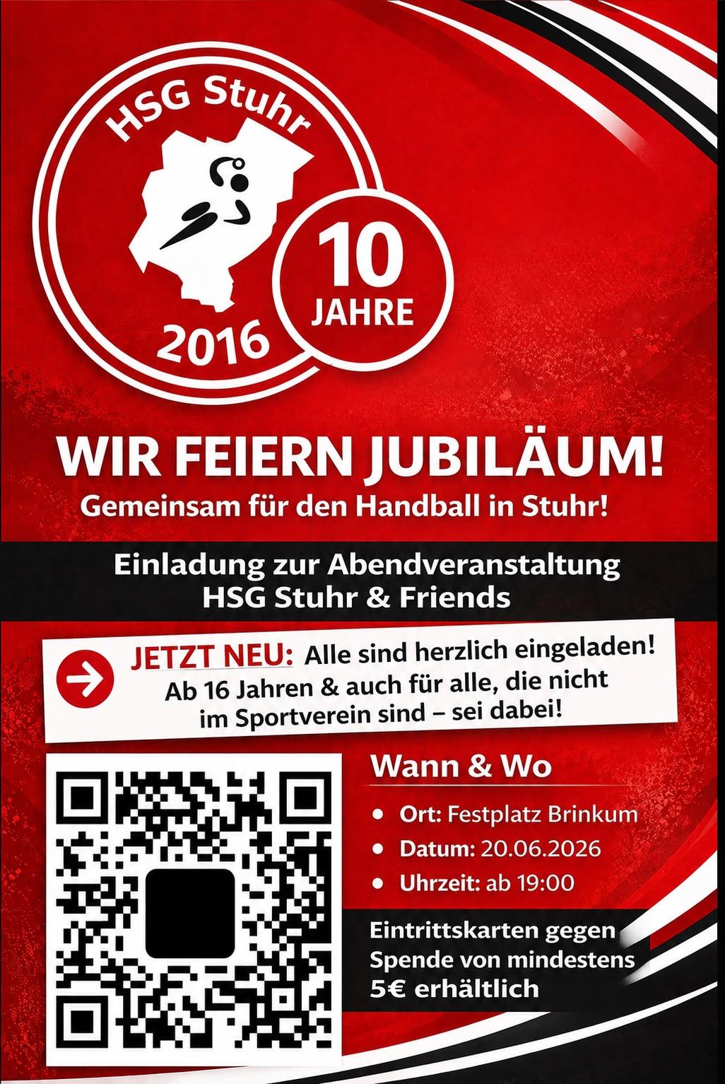 Rot schwarzes Jubiläumsplakat von HSG Stuhr 10 Jahre 2016 Einladung zur Abendveranstaltung QR Code und TermineDaten