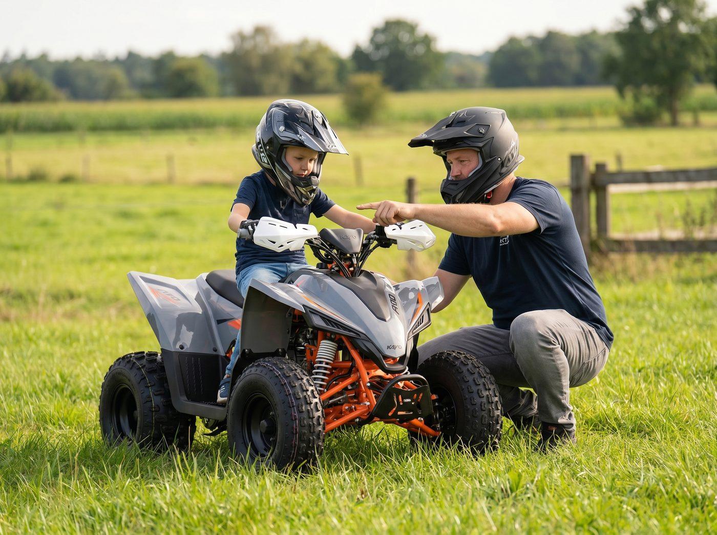 Vater zeigt Kind die Bedienung des KAYO Kinderquads
