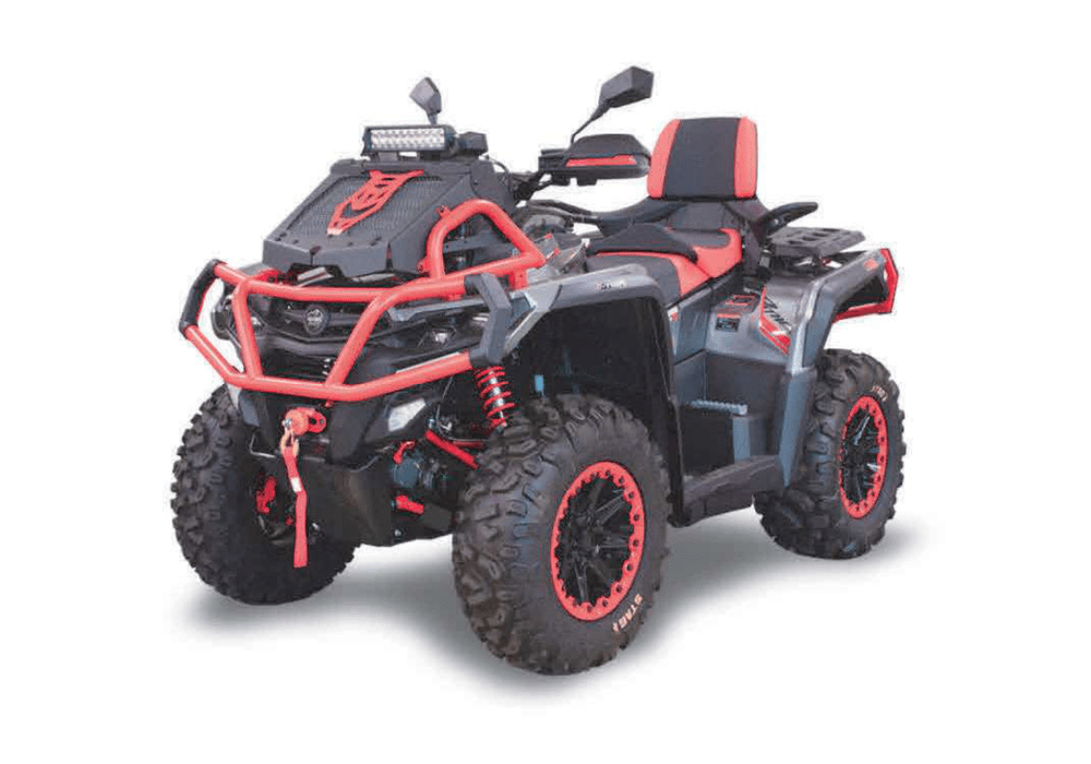 Red and black all terrain vehicle ATV with large off road tires and red accents shown from the front left side on a white background