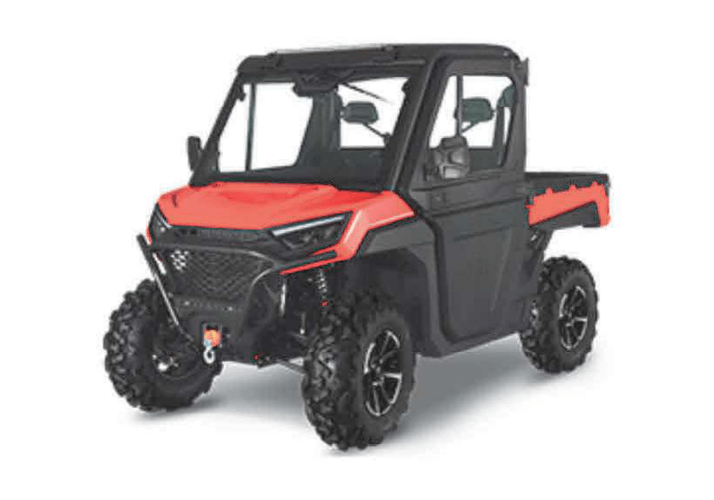 Red and black off road utility vehicle UTV with large knobby tires and a front winch on a white background
