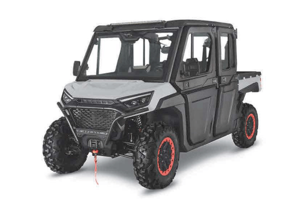 Front left three quarter view of a gray and black off road side by side utility vehicle with a winch at the front0 clear winch line visible