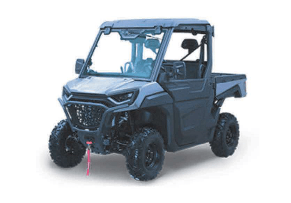 Blue off road side by side utility vehicle with large knobby tires and protective frame front winch rope visible