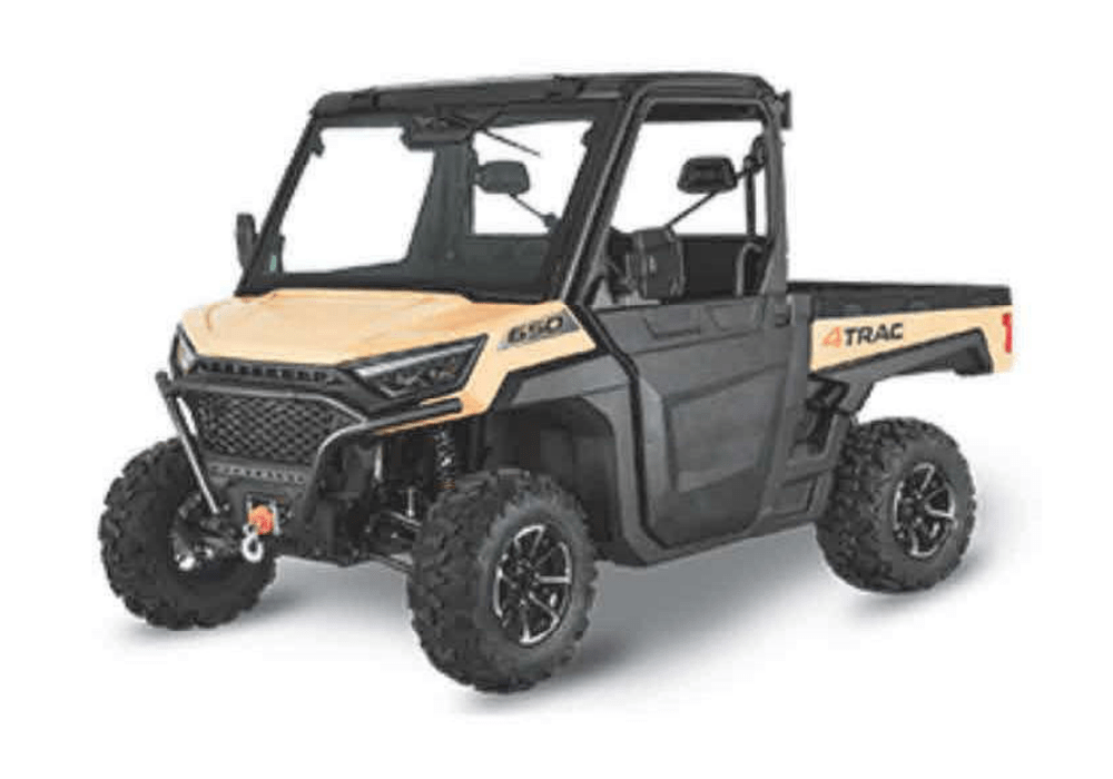 Orange and black off road side by side UTV with a roll cage and rugged tires shown from the front quarter view