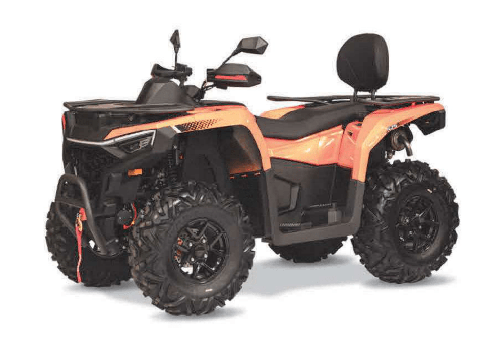 Orange all terrain vehicle ATV with large knobby tires and a rear backrest shown in side view