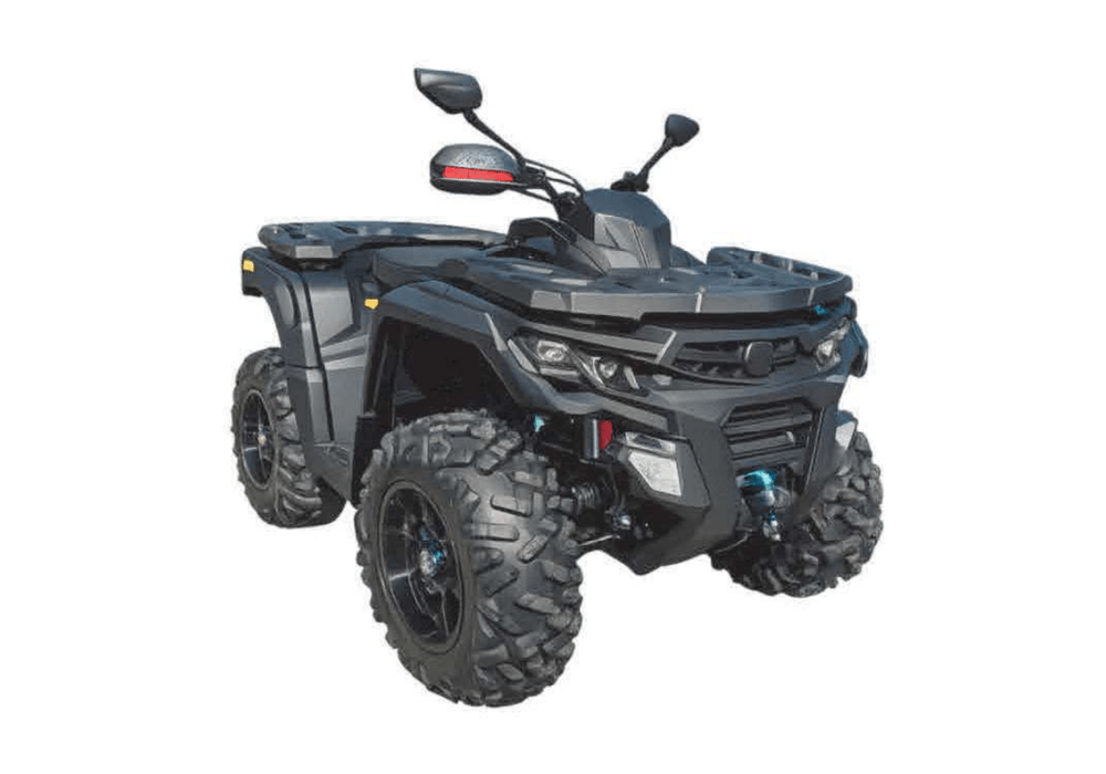 Black all terrain vehicle ATV with large rugged tires and front bumper shown from a slight front left angle