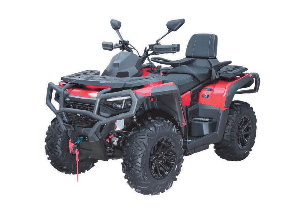 Red all terrain vehicle ATV with protective front bumper and large knobby tires on a white background view from front left