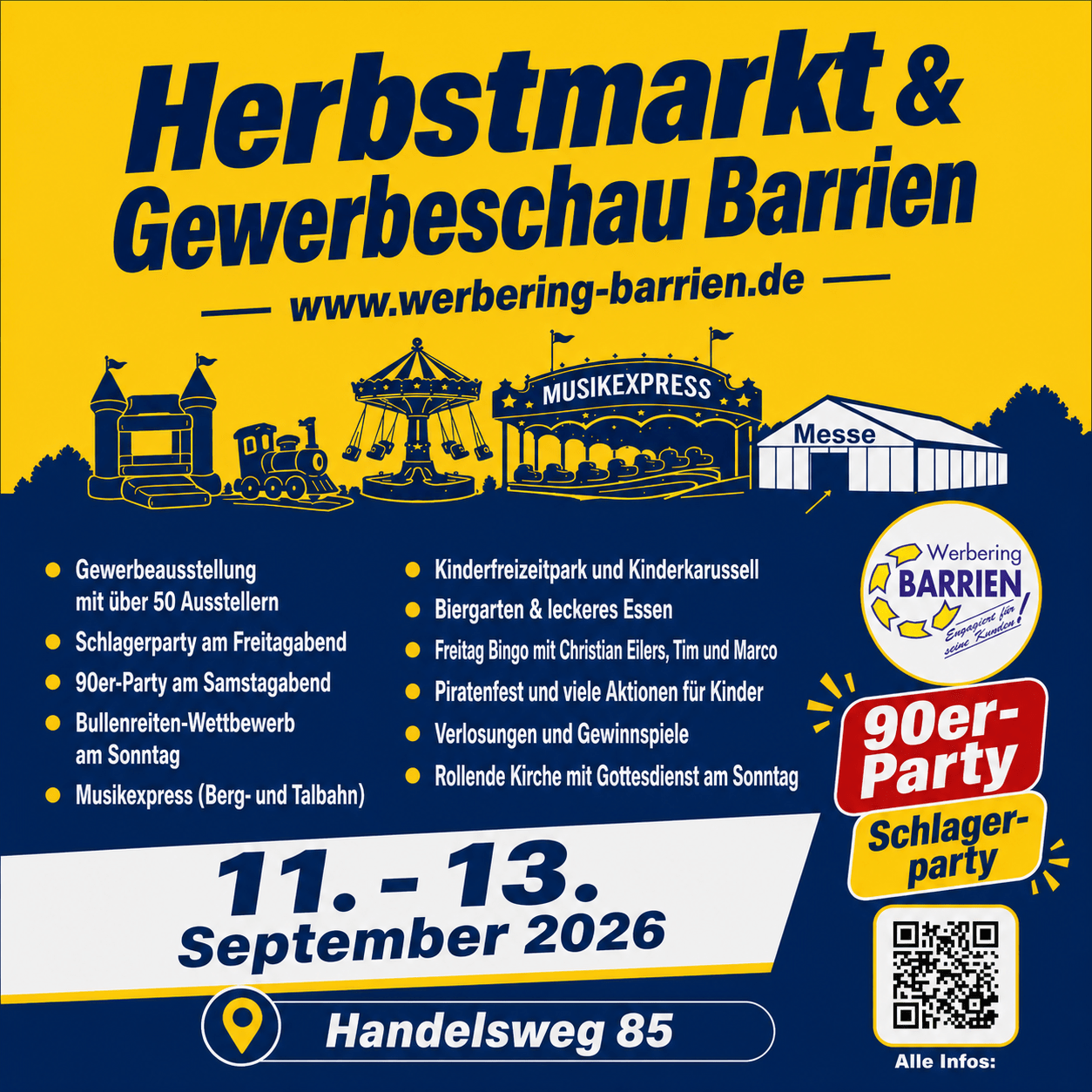 Poster advertising Herbstmarkt  Gewerbeschau Barrien with yellow and blue design featuring rides and event schedule dates 1113 September 2026 location Handelsweg 85